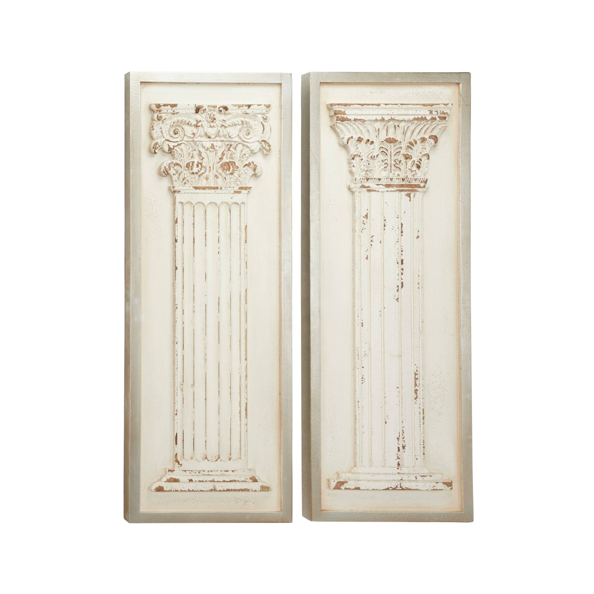 Large Rectangular Distressed Antique White Wood Wall Decor with Carved Greek Columns, Set of 2 A2374