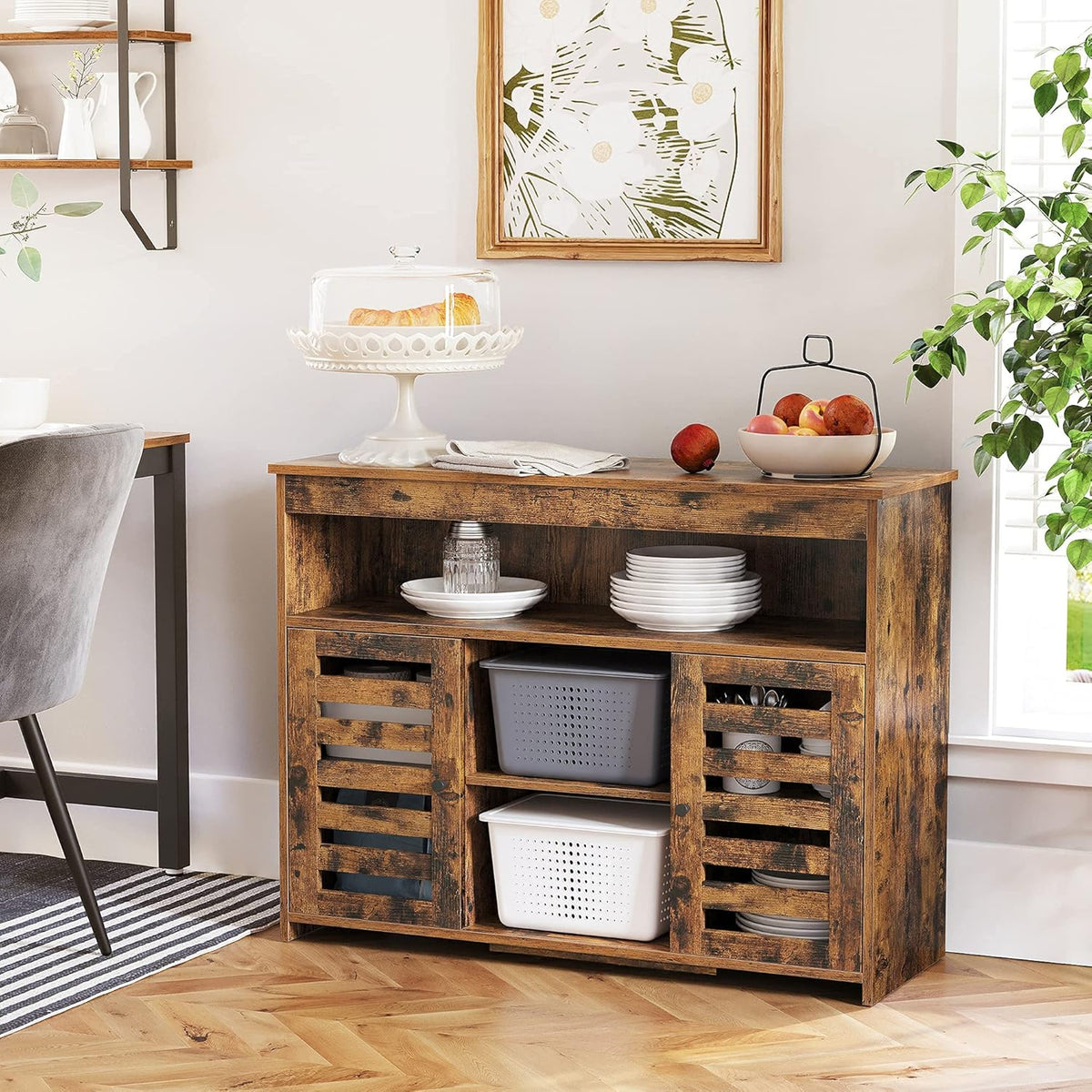 Rustic Brown Buffet Cabinet with Open Shelves and Louvered Doors C39445