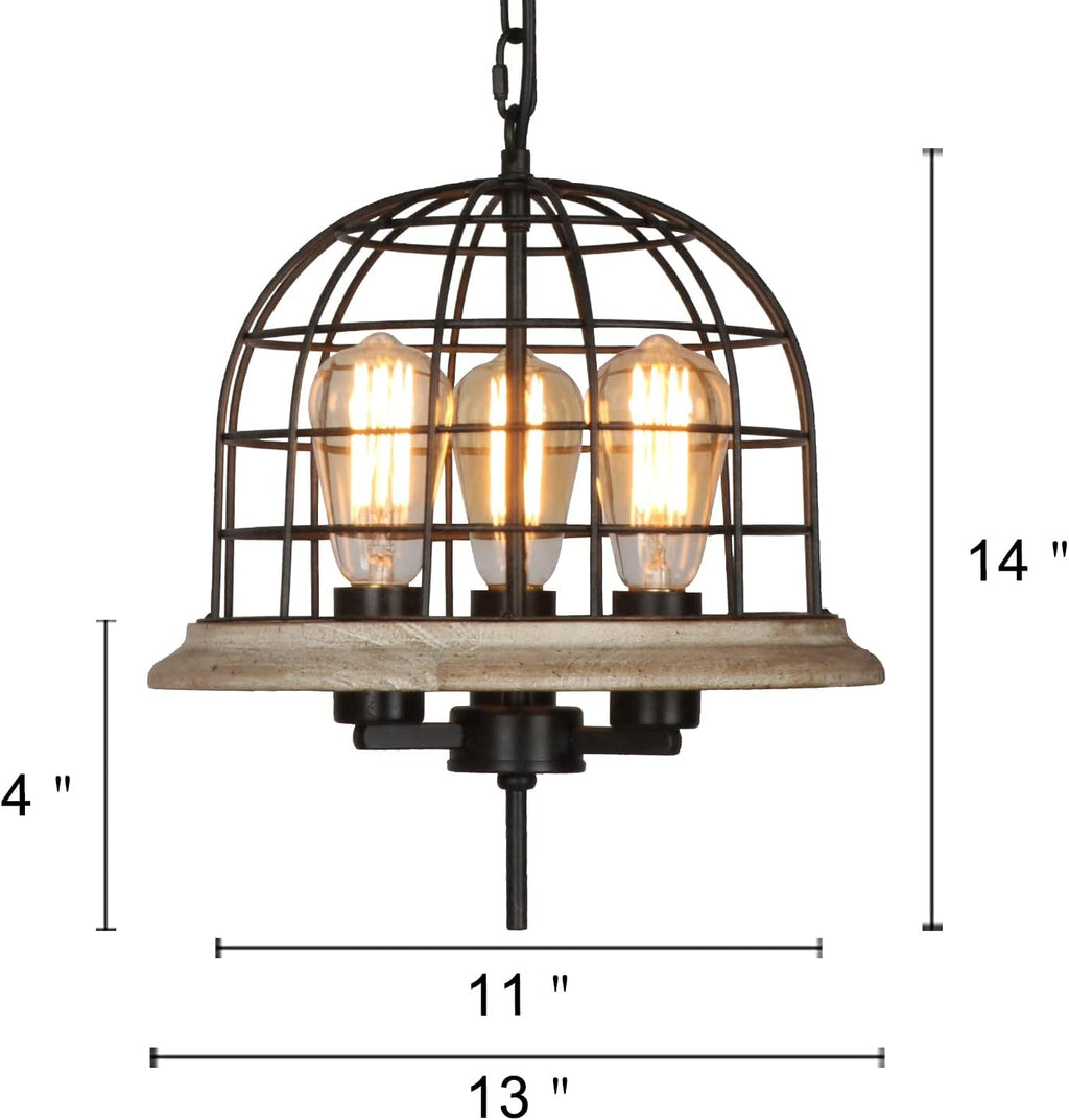 Round Rustic Chandelier Light Fixture, 3-Light Metal Wood Globe Cage Shade Y645