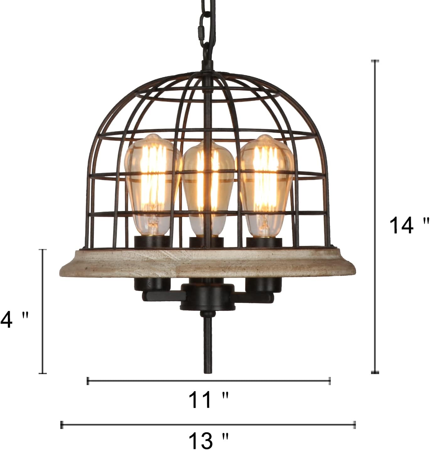 Round Rustic Chandelier Light Fixture, 3-Light Metal Wood Globe Cage Shade Y645