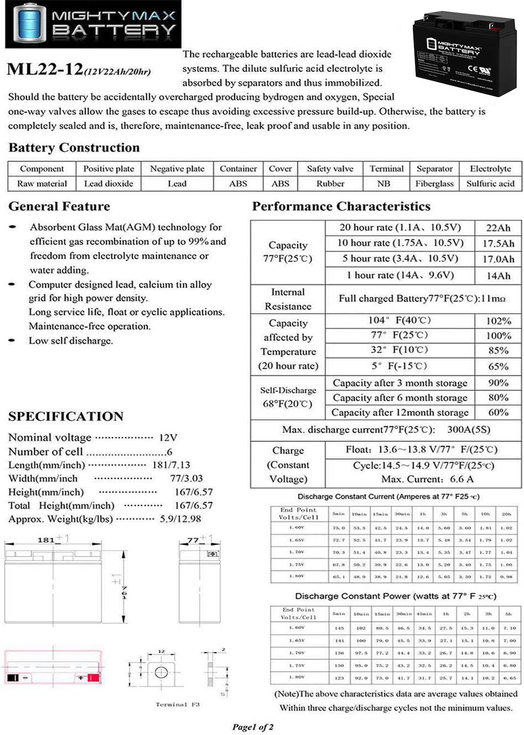 12 Volt 22 AH SLA Battery Pack of 2 D846