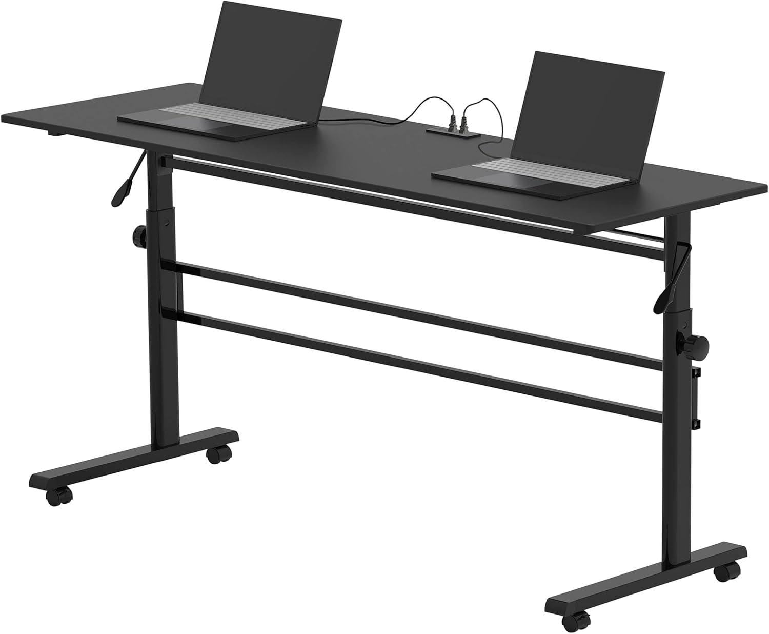 Crank Adjustable Height Flip Top Rolling Table, Black Frame Natural Walnut Top, 71" Wide P55207