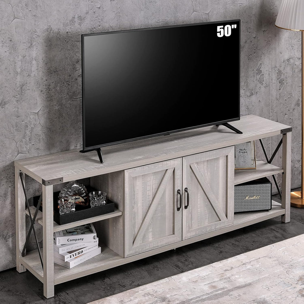 Rustic Gray Wash TV Stand with Storage Cabinets and Shelves A864
