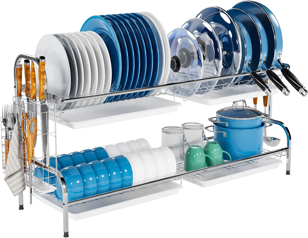 2 Tier Stainless Steel Dish Drying Rack with Drainboard L90727