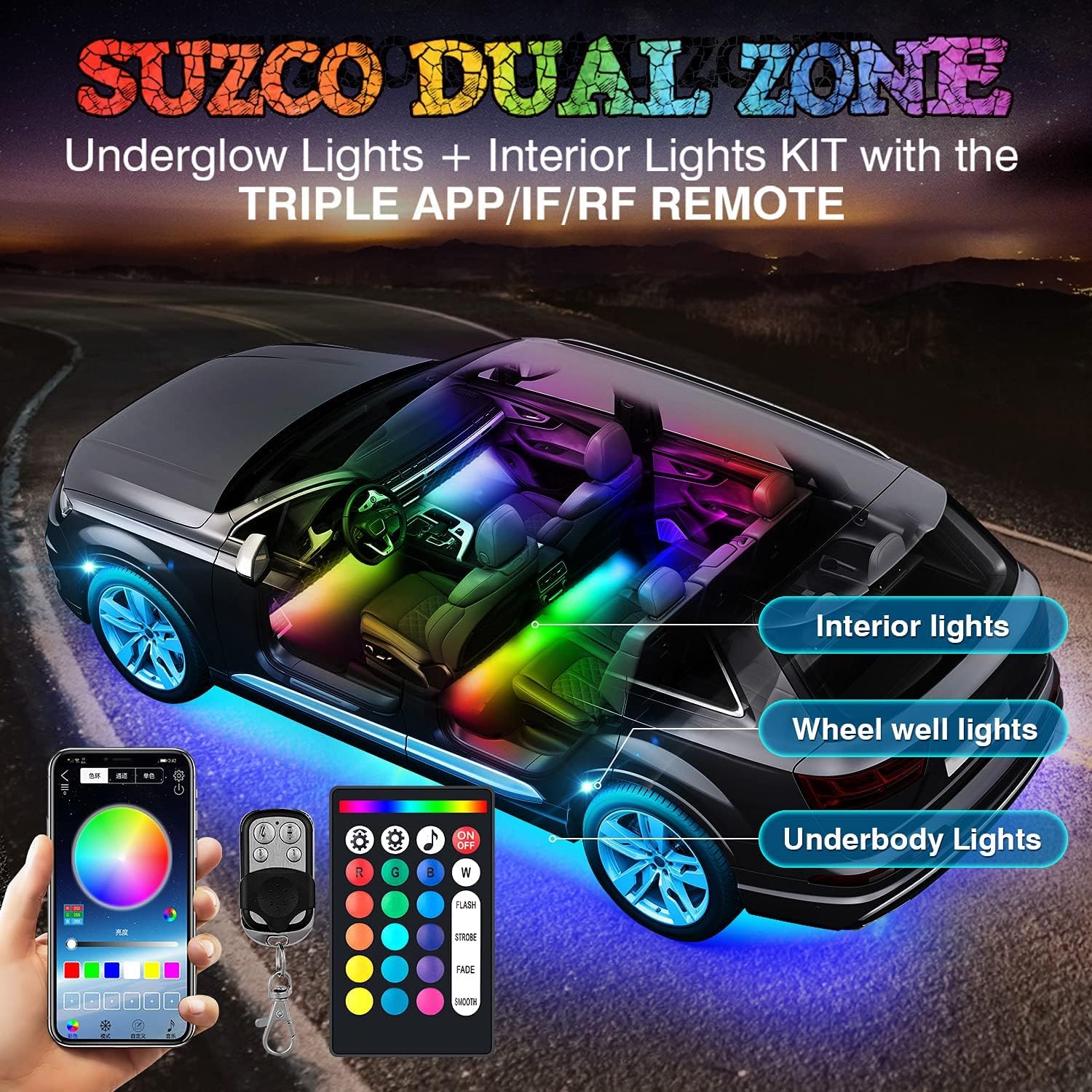 12-pods LED RGB Neon Underglow Rock Lights Kit with 4-Pcs Interior Light Kit, 192LEDs Waterproof 12V Y1533