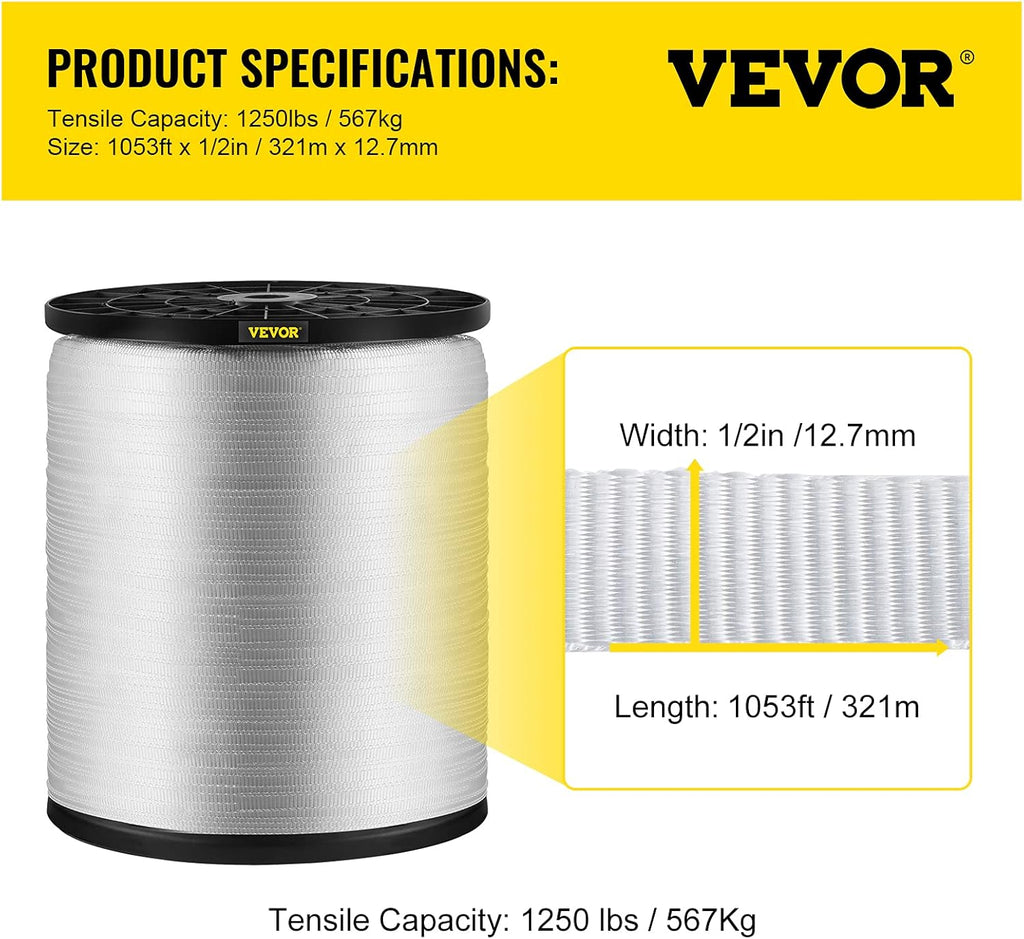 1250Lbs Polyester Pull Tape, 1053' x 1/2" Flat Tape, Pack of 2 M11992