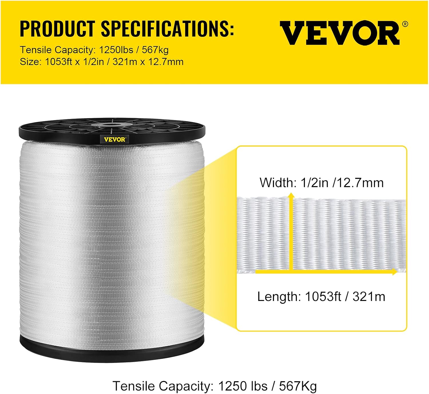 1250Lbs Polyester Pull Tape, 1053' x 1/2" Flat Tape, Pack of 2 M11992