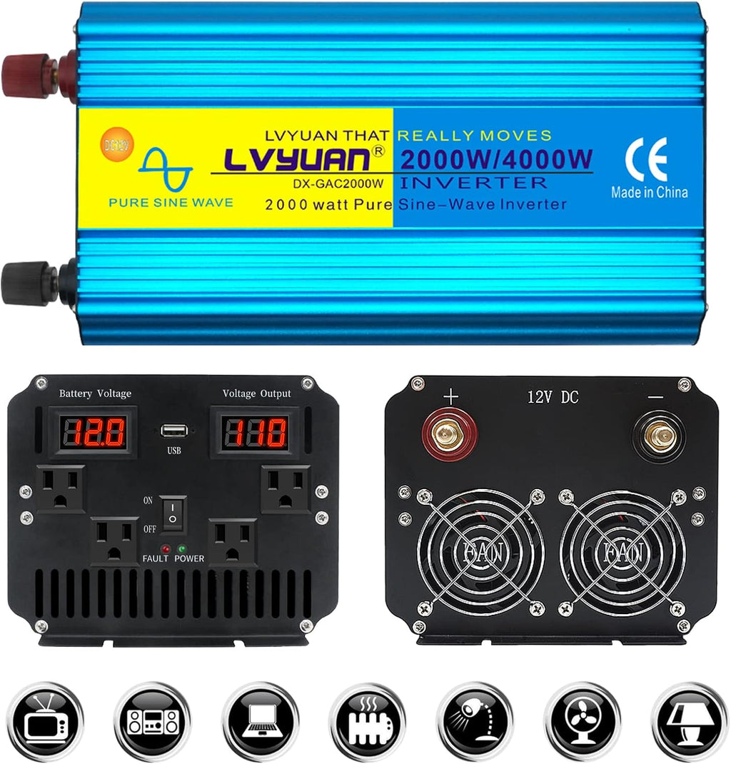 500W Pure Sine Wave Power Inverter DC 12V to 110V/120V AC Dual USB Charging Ports 2 AC Outlets Cigarette Lighter Plug Pack of 2 Z1000