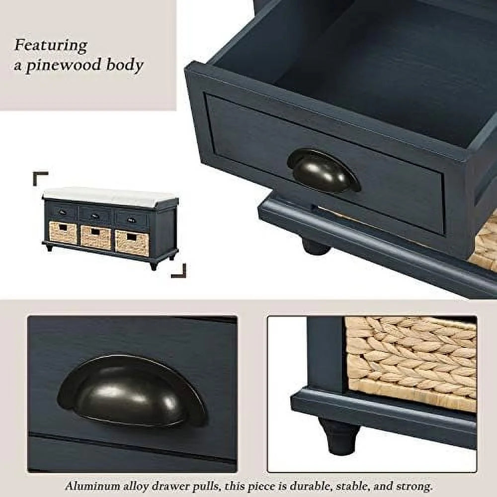 Rustic Bench with 3 Drawers and 3 Rattan Baskets Shoe Bench with Removable Cushion P139