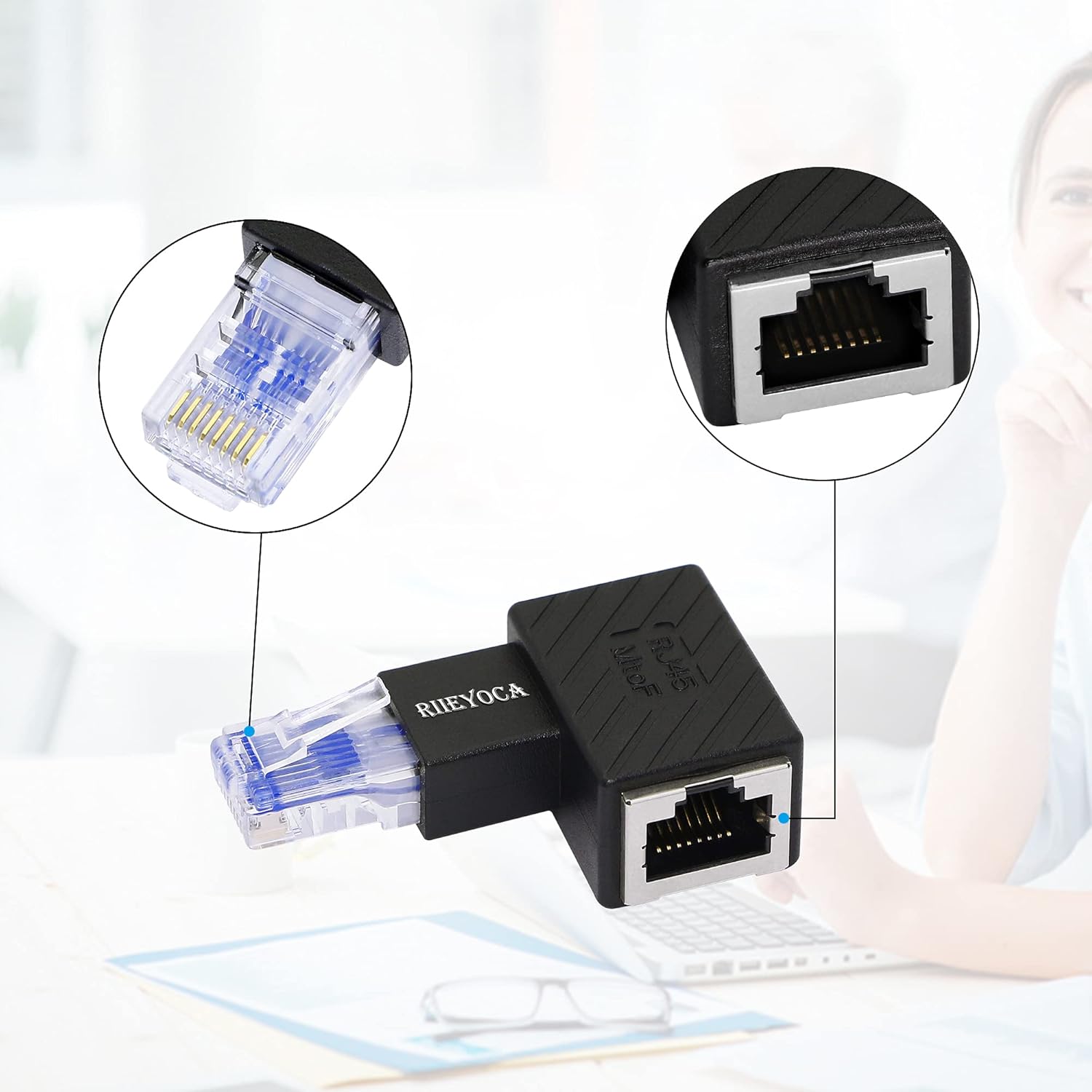 Right Angle Ethernet Adapter, 90 Degree RJ45 Male to Female Extension Cat6 LAN Network Connector, 2-Pack Black L8713