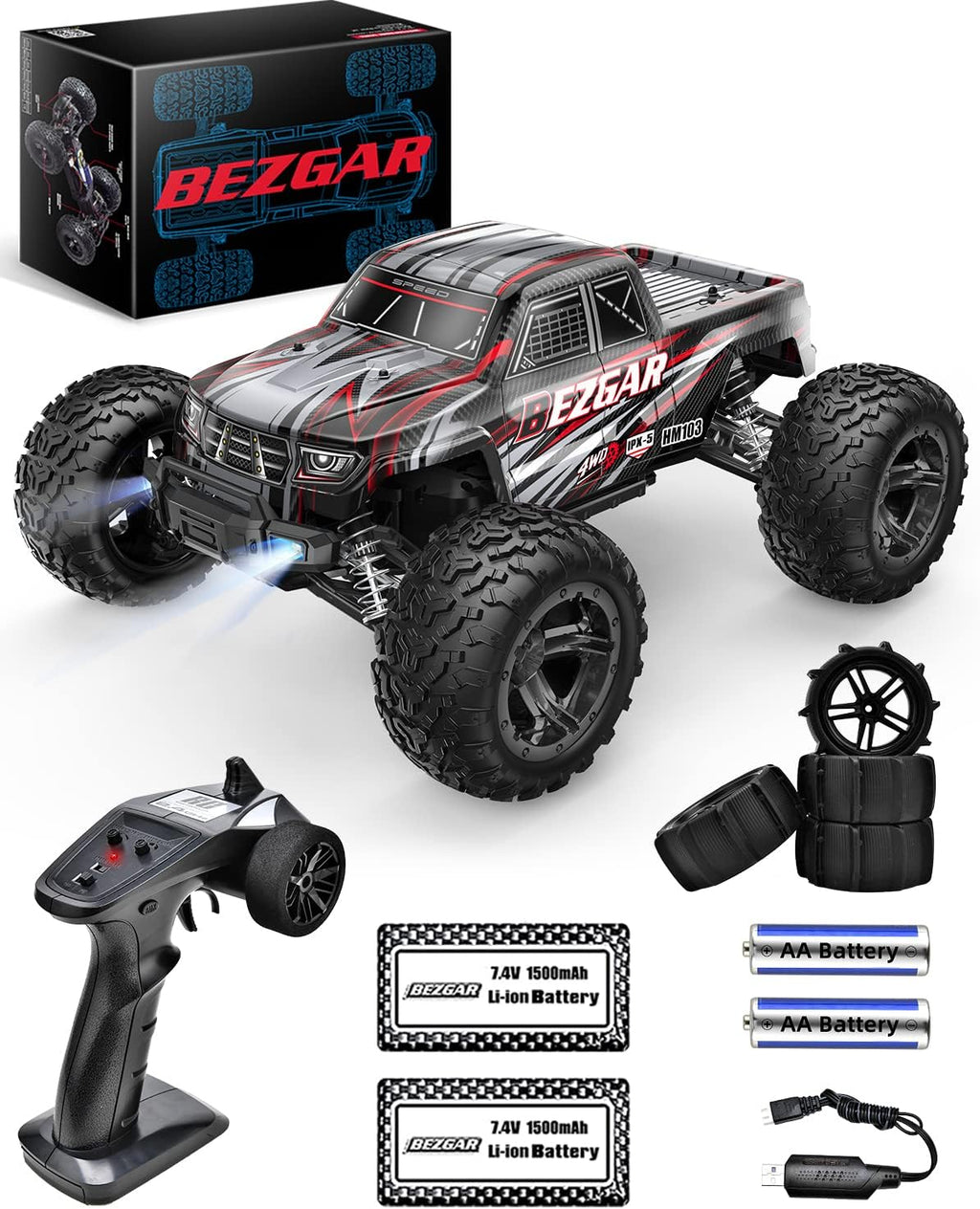 Remote Control Truck 4WD Waterproof RC Car with 2 Rechargeable Batteries F369750
