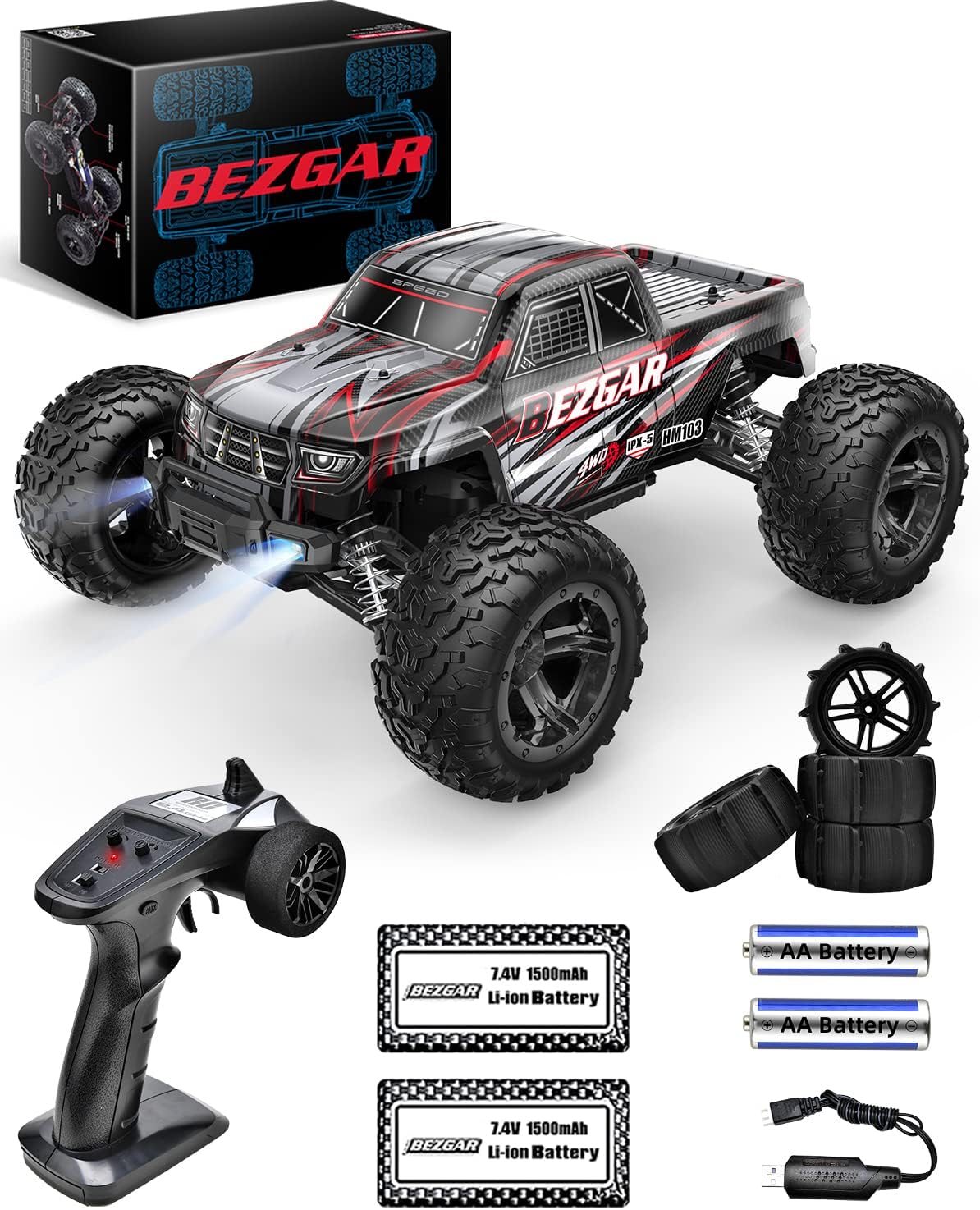 Remote Control Truck 4WD Waterproof RC Car with 2 Rechargeable Batteries F369750