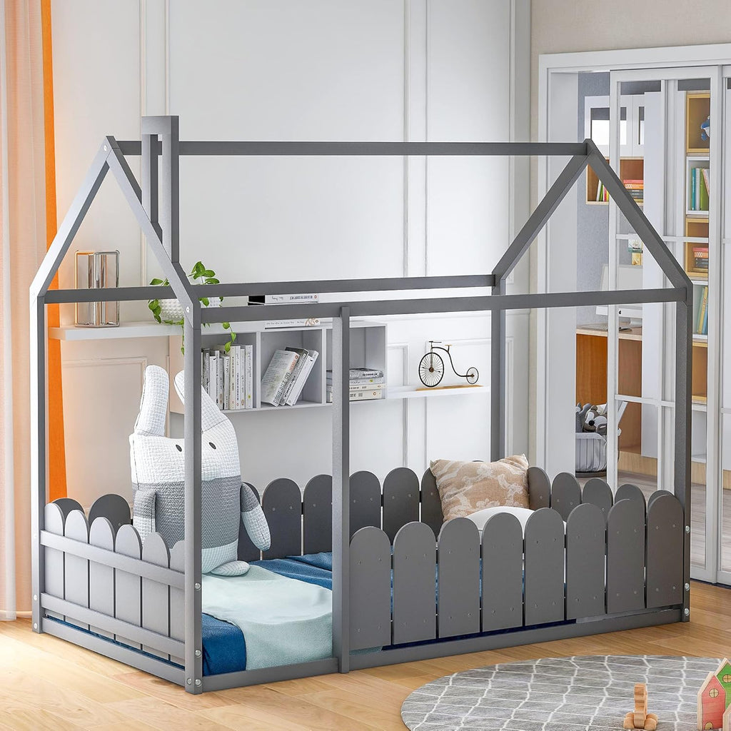 White Wood Twin House Shaped Floor Bed X6104
