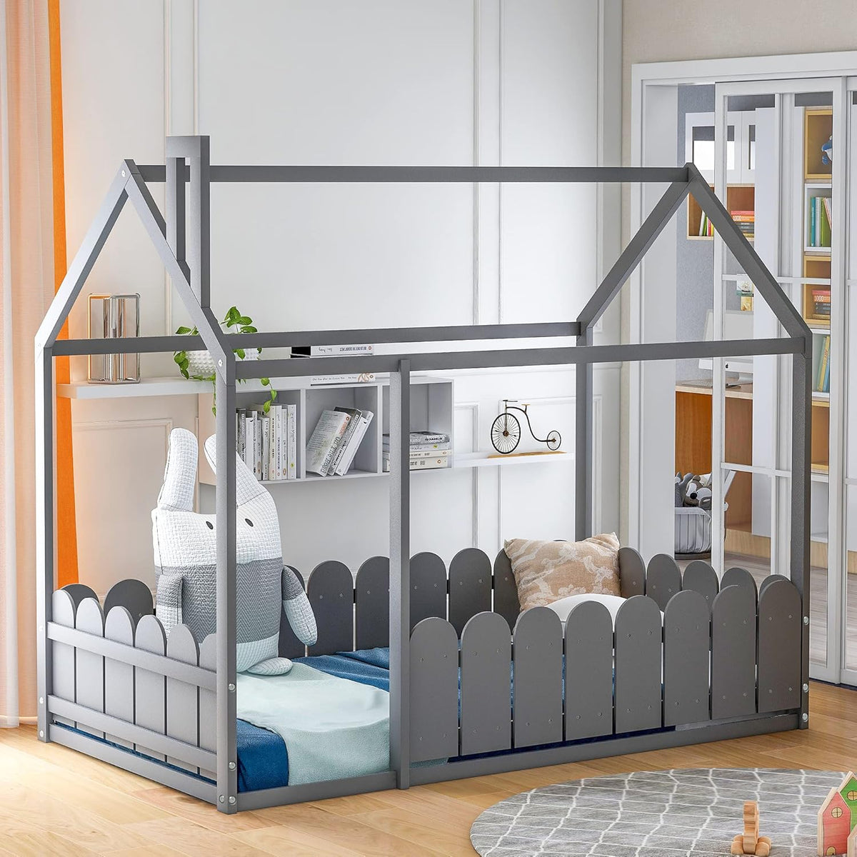 White Wood Twin House Shaped Floor Bed X6104
