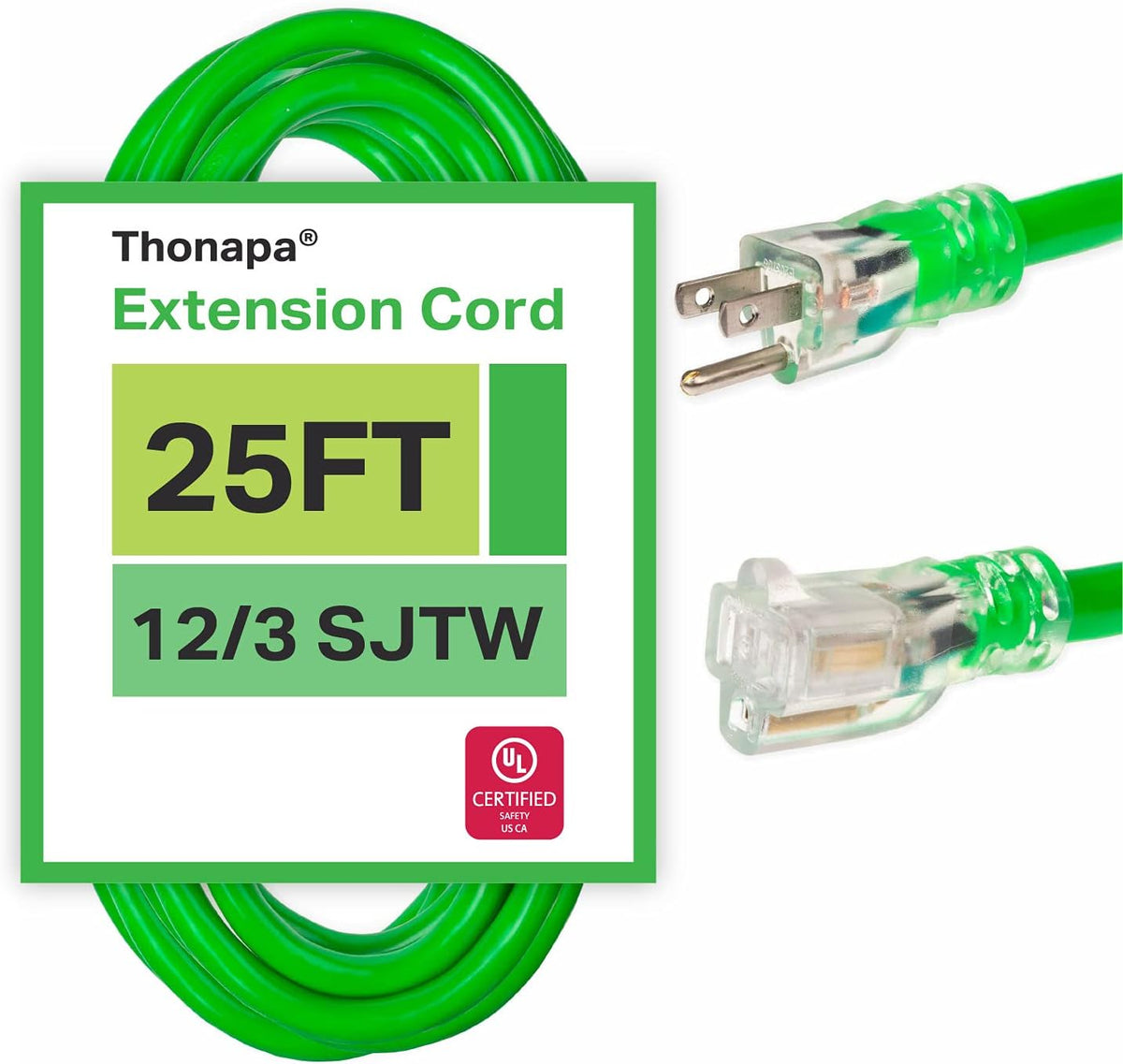 2 Pack 50 Foot Outdoor Extension Cords, 12/3 Heavy Duty Yellow Extension Cable with 3 Prong Grounded Plug O36835