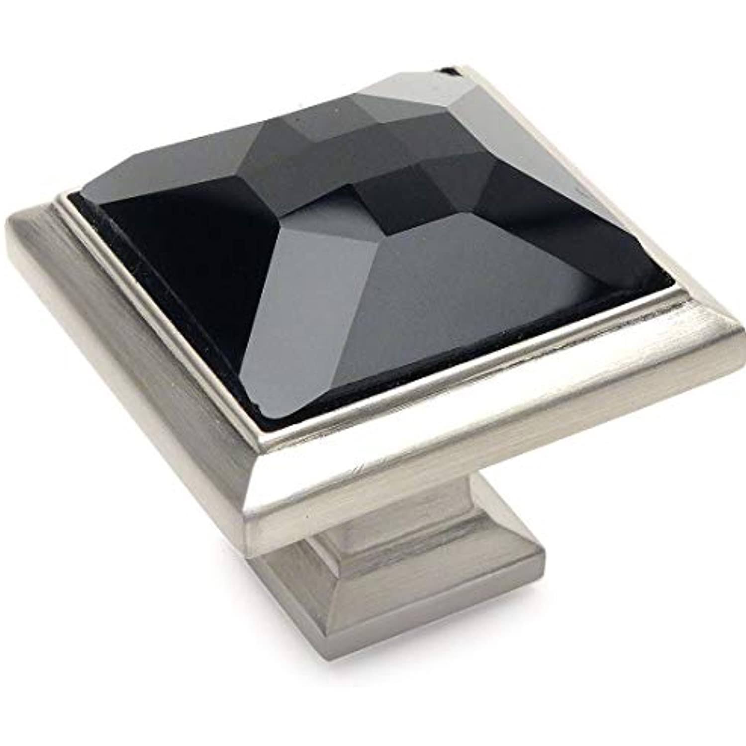 Satin Nickel Cabinet Hardware Square Knob with Black Glass - 10 Pack R7482