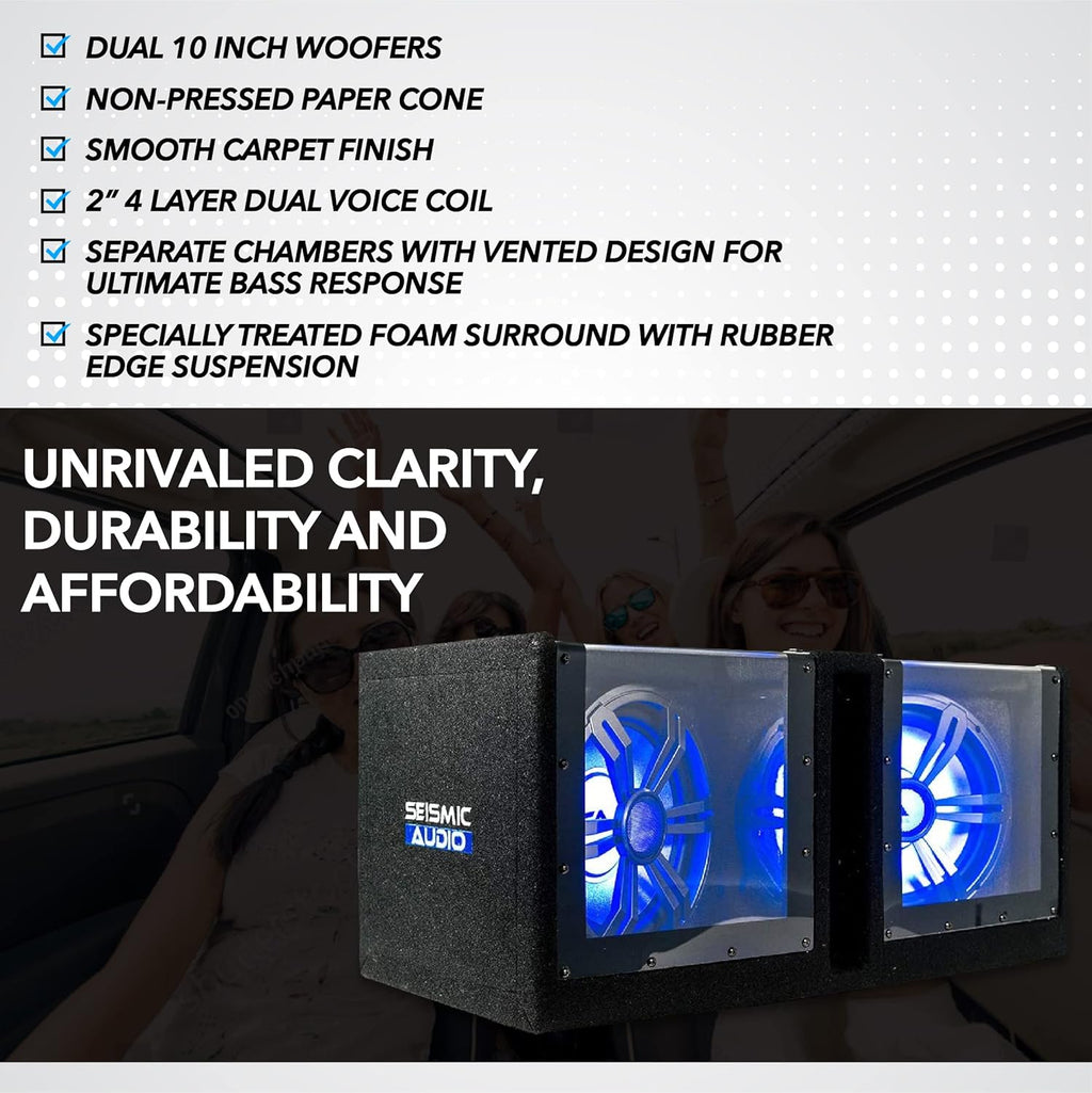 Dual 10 Inch Vented 1000 Watt Car Audio Subwoofer Box with LED Lights & Plexiglass Window F44915