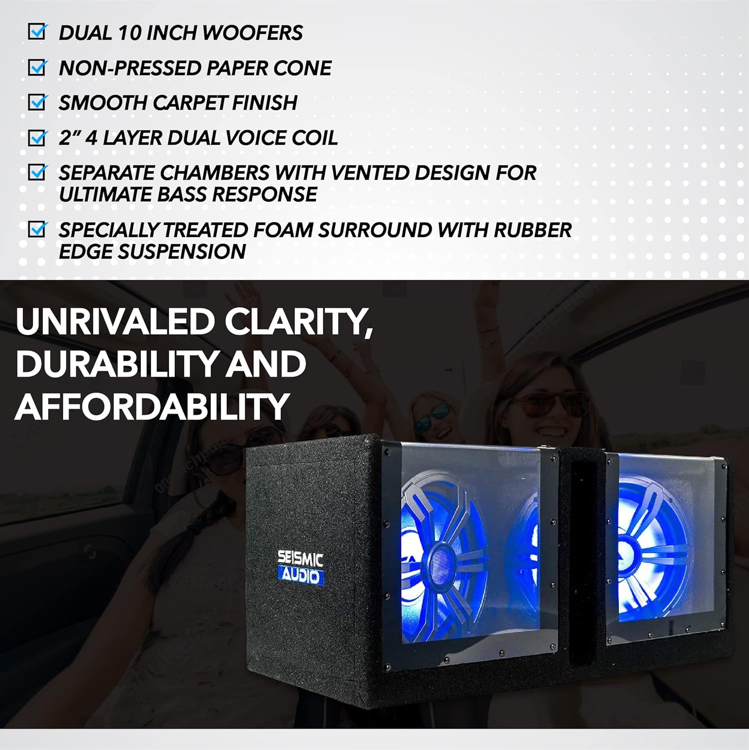 Dual 10 Inch Vented 1000 Watt Car Audio Subwoofer Box with LED Lights & Plexiglass Window F44915