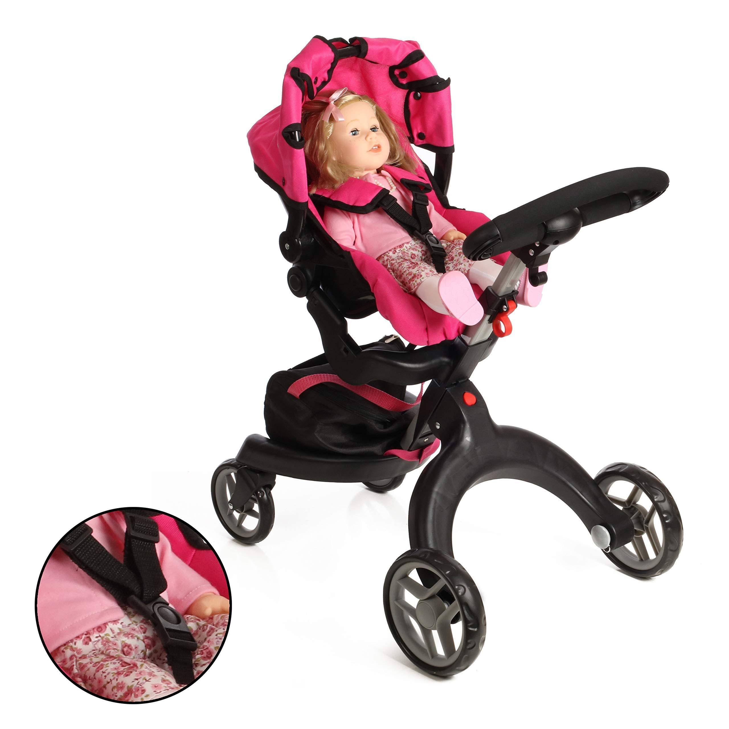 Doll Stroller with Swiveling Wheels and Adjustable Handle, 31x22 Tall, Carriage Bag Included K5894