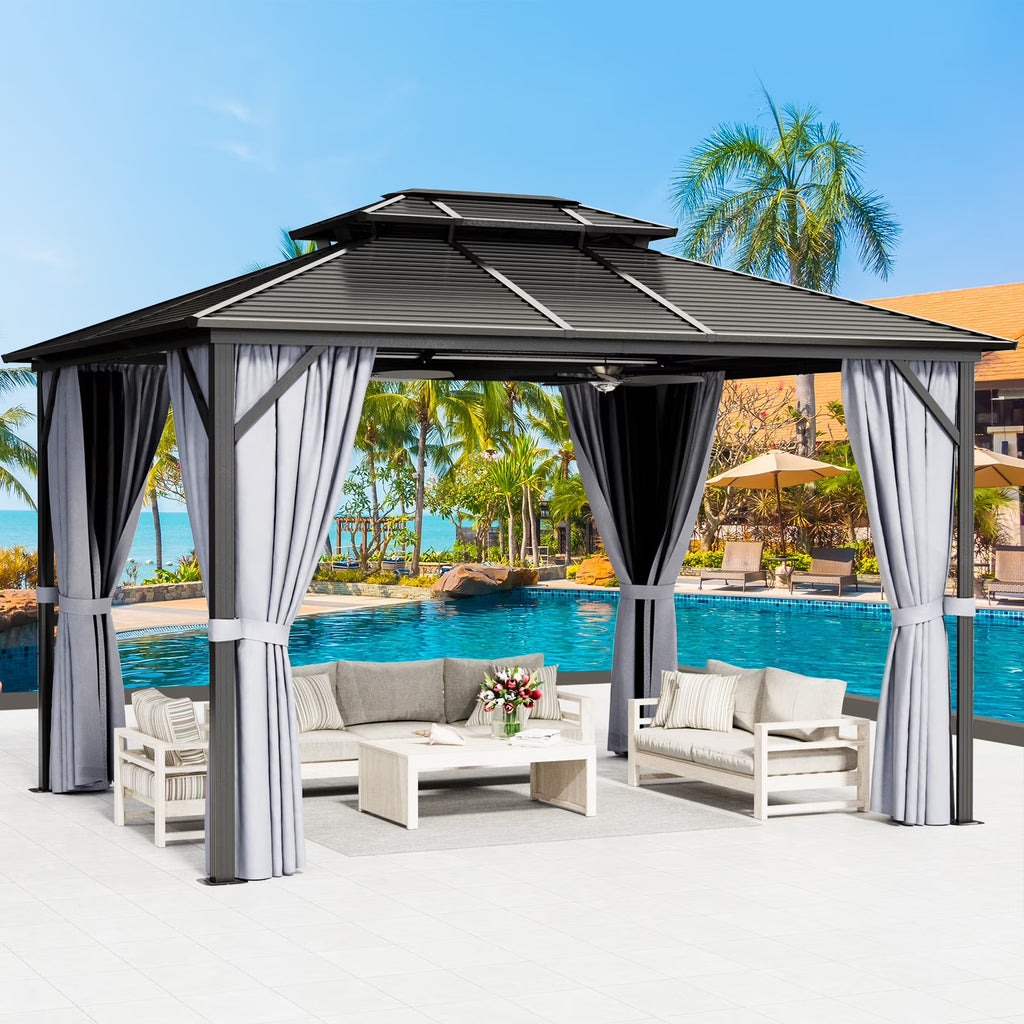 10 ft. x 12 ft. Outdoor Hardtop Gazebo with Curtain and Netting, Gray Q735899