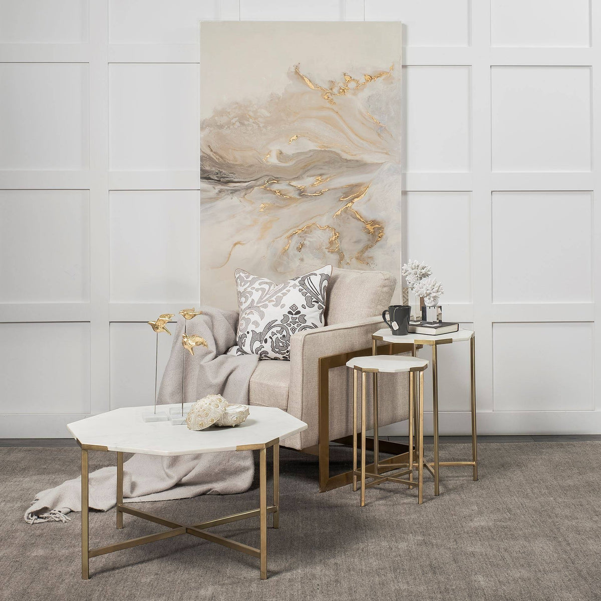 Set of Two White Marble and Iron Hexagonal End Tables R9613