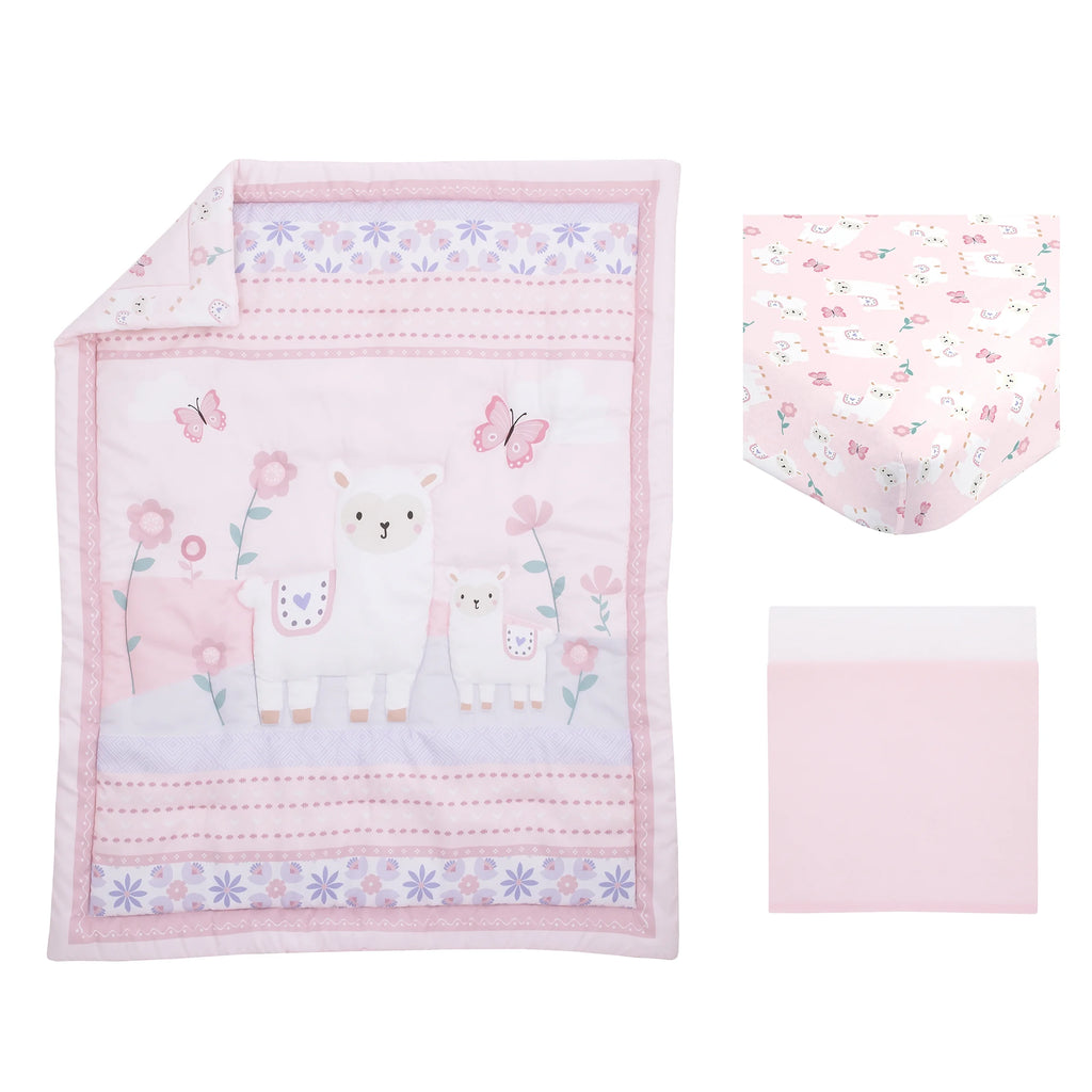 3PC Crib Bedding Set, Pink and Purple, Includes comforter, fitted sheet and dust ruffle A832