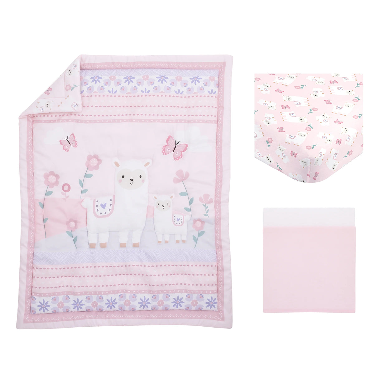 3PC Crib Bedding Set, Pink and Purple, Includes comforter, fitted sheet and dust ruffle A832