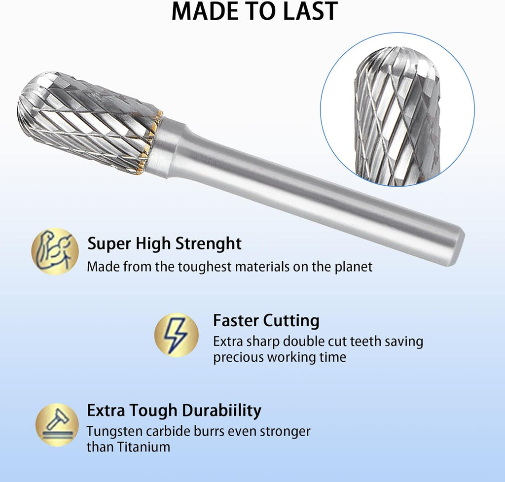 Double Cut Carbide Burr Set, 1/4 Inch Shank, 10MM Head, Solid Carbide Rotary Burr File Set, Pack of 2 S982