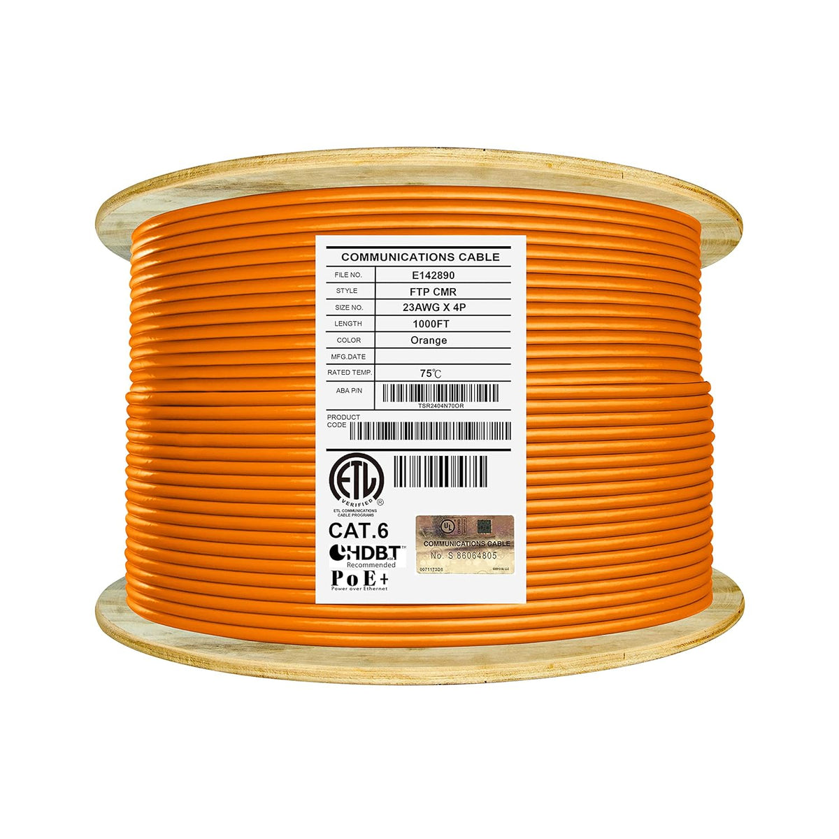Cat6 Shielded Riser 1000ft F/UTP 23AWG Solid Bare Copper Bulk Ethernet Cable Reel Yellow F211