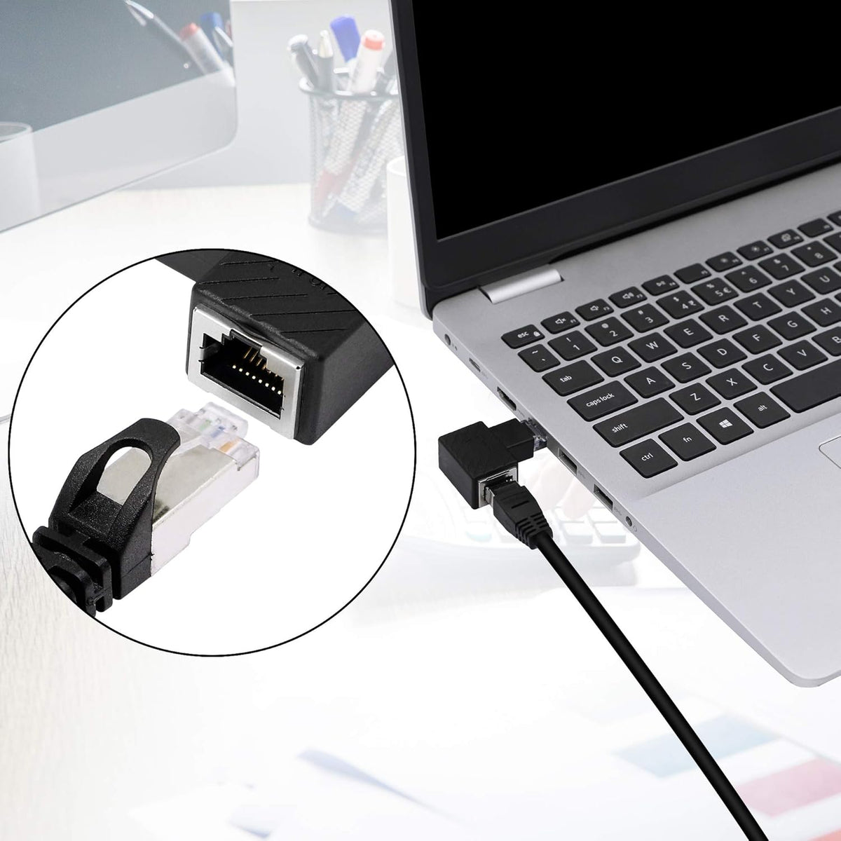 Right Angle Ethernet Adapter, 90 Degree RJ45 Male to Female Extension Cat6 LAN Network Connector, 2-Pack Black L8713
